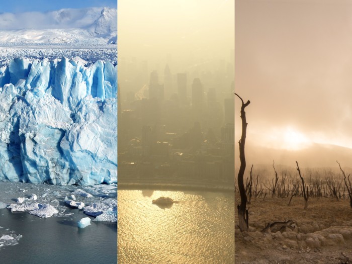 climate change photo collage - glacier - city pollution - forest fire aftermath